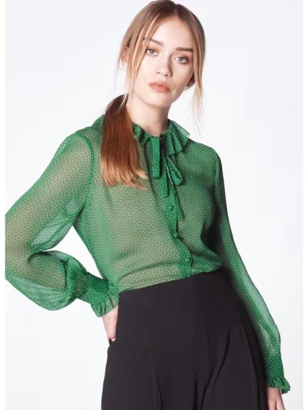 NWT: LK Bennett Spot Print Eliza Frill Collar Blouse in Green